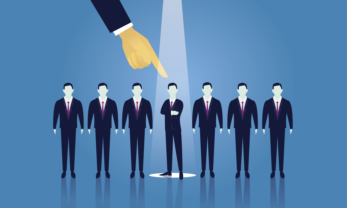 Vector illustration. Business recruitment hiring concept. Selecting businessman from line of people with pointing finger. Focus on one man with spotlight